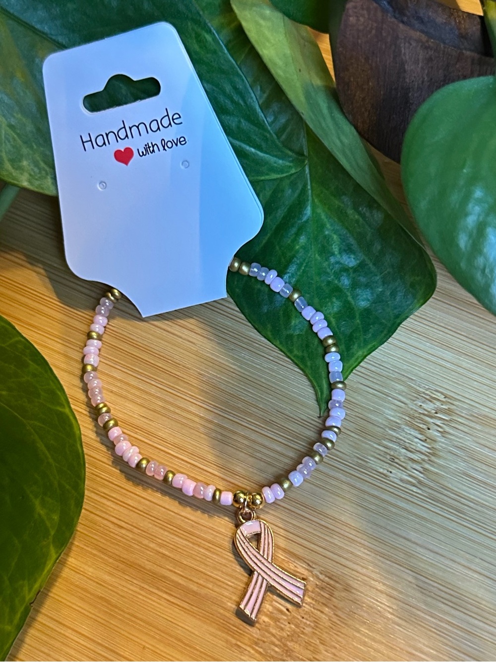 🎀 Breast Cancer Awareness Stretchy Beaded Bracelet | Handmade | Dangle Charm 🎀